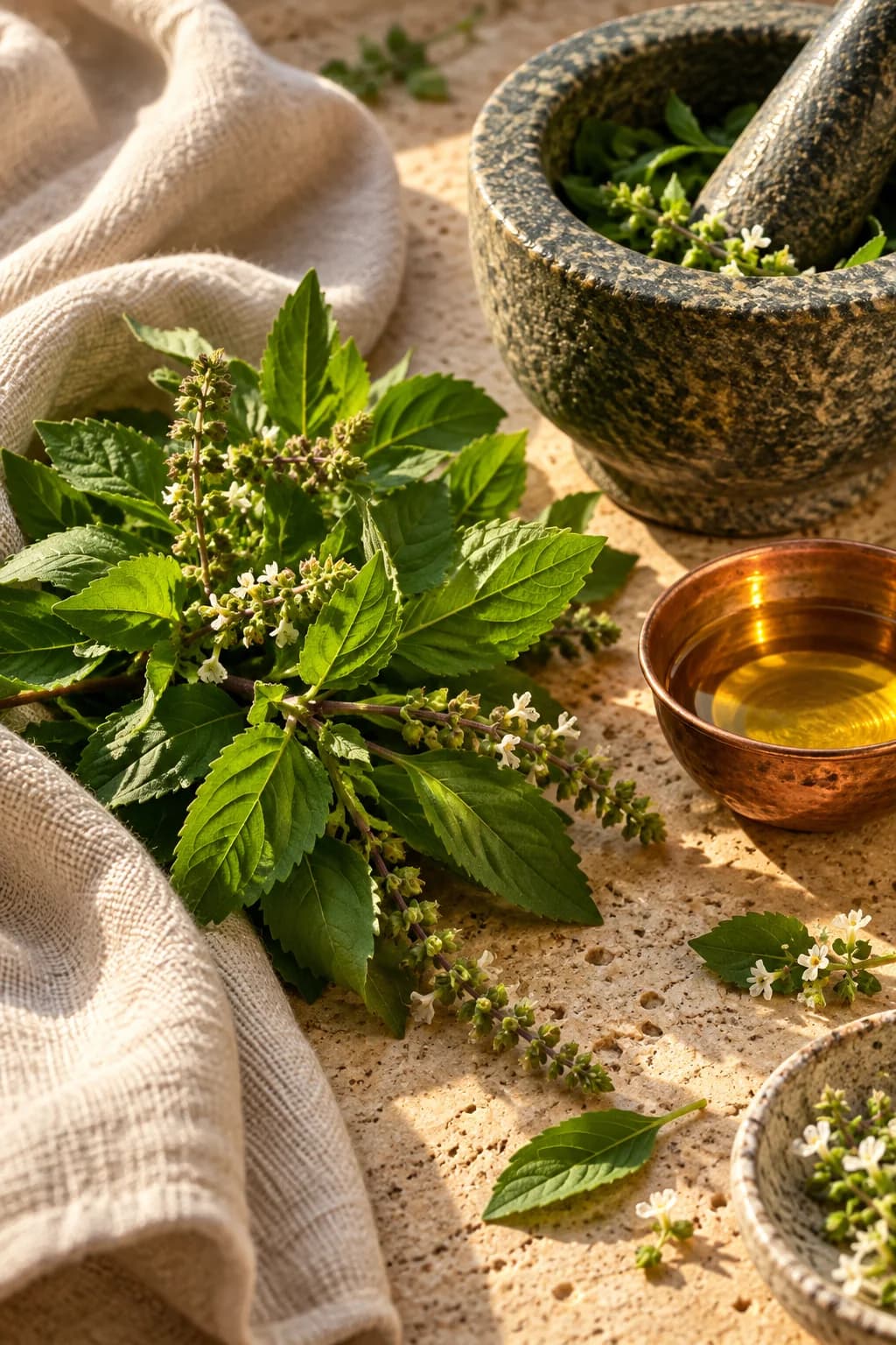 Illustrative still life of fresh herbs, a stone mortar, and herbal oil